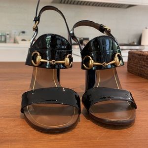 Black Patent Gucci Horsebit Sandal Block Heel